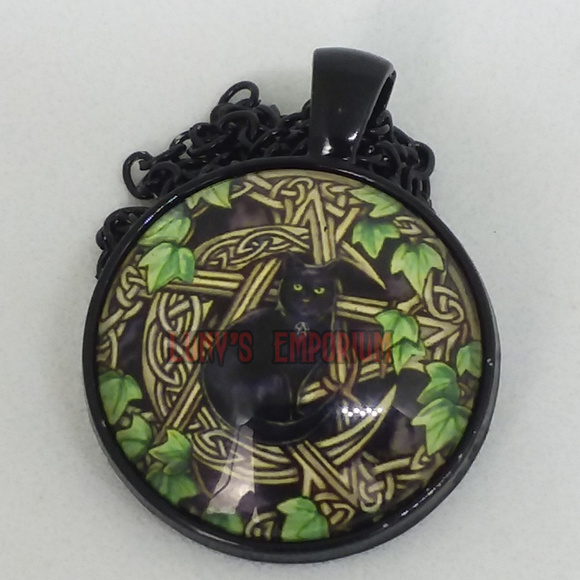 Jewelry - Black Wicca Cat Pentagram Pentacle Glass Pendant
